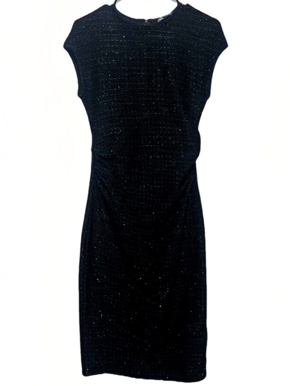 Zara Black Sparkle Knit Bodycon Midi Dress Size S NWT Cap Sleeve Party
